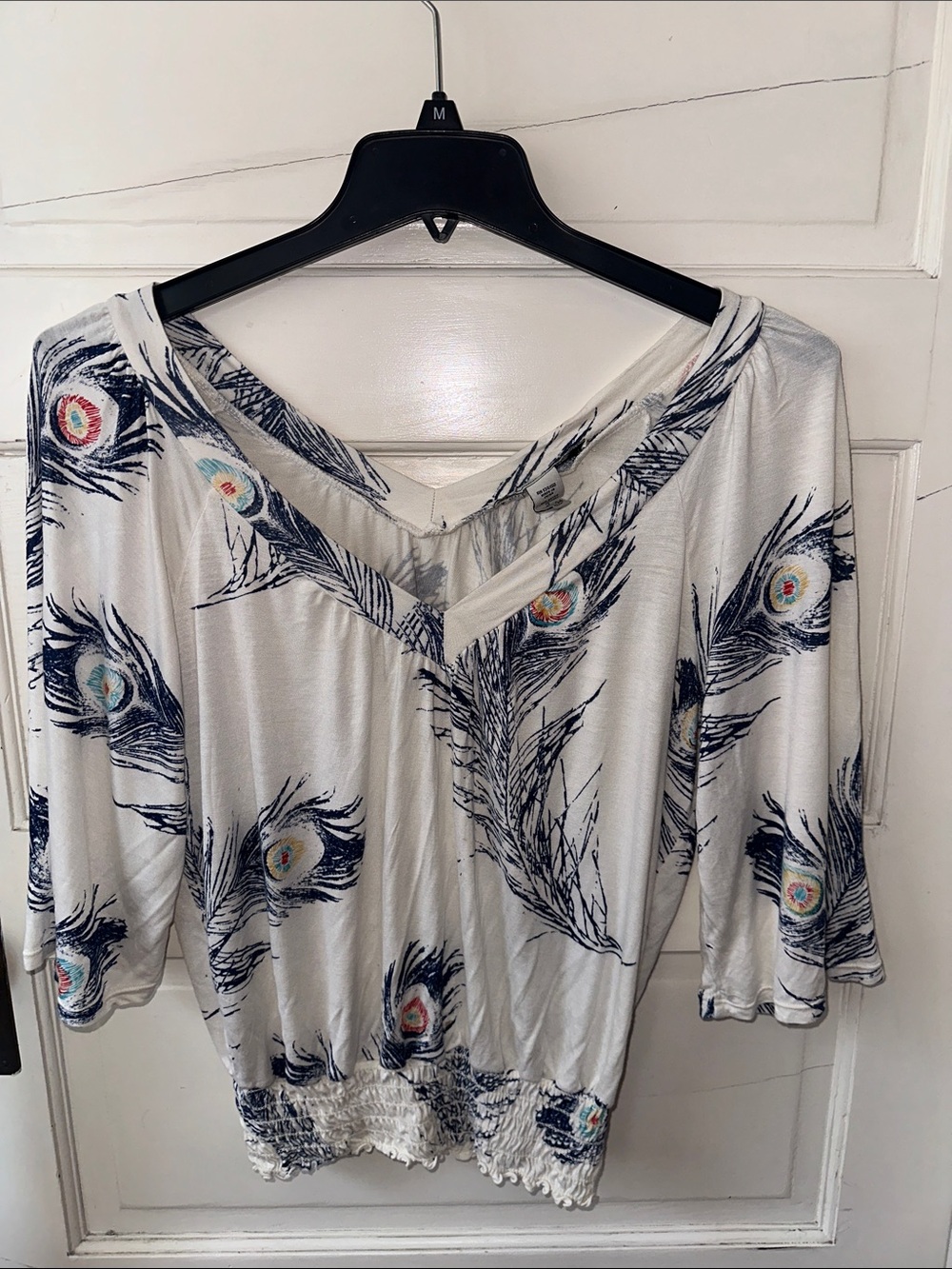 American Rag Peacock Feather Pattern White Off Shoulder Boho Tunic Shirred Waist